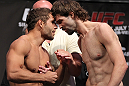 LAS VEGAS, NV - JULY 6:   (L-R) Opponents Chad Mendes and Cody McKenzie face off during the UFC 148 Weigh In at the Mandalay Bay Events Center on July 6, 2012 in Las Vegas, Nevada.  (Photo by Josh Hedges/Zuffa LLC/Zuffa LLC via Getty Images)