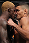 LAS VEGAS, NV - JULY 6:   (L-R) Opponents Melvin Guillard and Fabricio Camoes face off during the UFC 148 Weigh In at the Mandalay Bay Events Center on July 6, 2012 in Las Vegas, Nevada.  (Photo by Josh Hedges/Zuffa LLC/Zuffa LLC via Getty Images)
