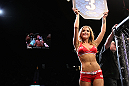 LAS VEGAS, NV - JULY 7:   UFC Octagon Girl Brittney Palmer introduces round three at UFC 148 inside MGM Grand Garden Arena on July 7, 2012 in Las Vegas, Nevada.  (Photo by Josh Hedges/Zuffa LLC/Zuffa LLC via Getty Images)  *** Local Caption *** Brittney Palmer