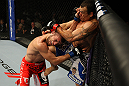 LAS VEGAS, NV - JULY 7:   (R-L) Gleison Tibau knees Khabib Nurmagomedov during their lightweight bout at UFC 148 inside MGM Grand Garden Arena on July 7, 2012 in Las Vegas, Nevada.  (Photo by Josh Hedges/Zuffa LLC/Zuffa LLC via Getty Images)  *** Local Caption *** Khabib Nurmagomedov; Gleison Tibau