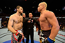 LAS VEGAS, NV - JULY 7:   (L-R) Forrest Griffin and Tito Ortiz face off before their light heavyweight bout at UFC 148 inside MGM Grand Garden Arena on July 7, 2012 in Las Vegas, Nevada.  (Photo by Donald Miralle/Zuffa LLC/Zuffa LLC via Getty Images)  *** Local Caption *** Tito Ortiz; Forrest Griffin