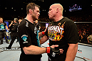 LAS VEGAS, NV - JULY 7:   (L-R) Forrest Griffin and Tito Ortiz congratulate one another after their light heavyweight bout at UFC 148 inside MGM Grand Garden Arena on July 7, 2012 in Las Vegas, Nevada.  (Photo by Donald Miralle/Zuffa LLC/Zuffa LLC via Getty Images)  *** Local Caption *** Tito Ortiz; Forrest Griffin