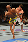 LAS VEGAS, NV - JULY 7:   (L-R) Anderson Silva kicks Chael Sonnen during their UFC middleweight championship bout at UFC 148 inside MGM Grand Garden Arena on July 7, 2012 in Las Vegas, Nevada.  (Photo by Donald Miralle/Zuffa LLC/Zuffa LLC via Getty Images)  *** Local Caption *** Anderson Silva; Chael Sonnen