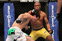 LAS VEGAS, NV - JULY 7:   Anderson Silva (right) punches Chael Sonnen during their UFC middleweight championship bout at UFC 148 inside MGM Grand Garden Arena on July 7, 2012 in Las Vegas, Nevada.  (Photo by Josh Hedges/Zuffa LLC/Zuffa LLC via Getty Images)  *** Local Caption *** Anderson Silva; Chael Sonnen