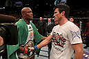 LAS VEGAS, NV - JULY 7:   (L-R) Anderson Silva and Chael Sonnen congratulate one another after their UFC middleweight championship bout at UFC 148 inside MGM Grand Garden Arena on July 7, 2012 in Las Vegas, Nevada.  (Photo by Josh Hedges/Zuffa LLC/Zuffa LLC via Getty Images)  *** Local Caption *** Anderson Silva; Chael Sonnen