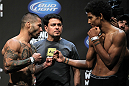 SAN JOSE, CA - JULY 10:   (L-R) Opponents Damacio Page and Alex Caceres face off during the UFC on Fuel TV weigh in at HP Pavilion on July 10, 2012 in San Jose, California.  (Photo by Josh Hedges/Zuffa LLC/Zuffa LLC via Getty Images)