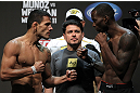 SAN JOSE, CA - JULY 10:   (L-R) Opponents Rafael Dos Anjos and Anthony Njokuani face off during the UFC on Fuel TV weigh in at HP Pavilion on July 10, 2012 in San Jose, California.  (Photo by Josh Hedges/Zuffa LLC/Zuffa LLC via Getty Images)