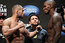 SAN JOSE, CA - JULY 10:   (L-R) Opponents Karlos Vemola and Francis Carmont face off during the UFC on Fuel TV weigh in at HP Pavilion on July 10, 2012 in San Jose, California.  (Photo by Josh Hedges/Zuffa LLC/Zuffa LLC via Getty Images)