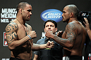 SAN JOSE, CA - JULY 10:   (L-R) Opponents James Te Huna and Joey Beltran face off after making weight during the UFC on Fuel TV weigh in at HP Pavilion on July 10, 2012 in San Jose, California.  (Photo by Josh Hedges/Zuffa LLC/Zuffa LLC via Getty Images)
