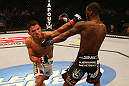 SAN JOSE, CA - JULY 11:   (L-R) Rafael dos Anjos punches Anthony Njokuani during their lightweight bout at HP Pavilion on July 11, 2012 in San Jose, California.  (Photo by Ezra Shaw/Zuffa LLC/Zuffa LLC via Getty Images)  *** Local Caption *** Rafael Dos Anjos; Anthony Njokuani