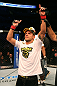 SAN JOSE, CA - JULY 11:   Rafael dos Anjos reacts to being declared the winner in his fight against Anthony Njokuani after their lightweight bout at HP Pavilion on July 11, 2012 in San Jose, California.  (Photo by Ezra Shaw/Zuffa LLC/Zuffa LLC via Getty Images)  *** Local Caption *** Rafael Dos Anjos