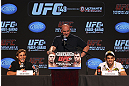 CALGARY, CANADA - JULY 19: (L-R) Urijah Faber, UFC President Dana White and Renan Barao attend the UFC 149 press conference at the Flames Central Sports Club on July 19, 2012 in Calgary, Alberta, Canada. (Photo by Jeff Bottari/Zuffa LLC/Zuffa LLC via Getty Images)