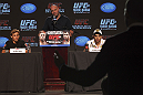 CALGARY, CANADA - JULY 19: (L-R) Urijah Faber, UFC President Dana White and Renan Barao field questions from the media at the UFC 149 press conference at the Flames Central Sports Club on July 19, 2012 in Calgary, Alberta, Canada. (Photo by Jeff Bottari/Zuffa LLC/Zuffa LLC via Getty Images)