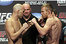 CALGARY, CANADA - JULY 20:  Brian Ebersole and James Head face off at the UFC 149 weigh-in at the Scotiabank Saddledome on July 20, 2012 in Calgary, Alberta, Canada.  (Photo by Jeff Bottari/Zuffa LLC/Zuffa LLC via Getty Images)