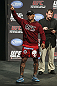 CALGARY, CANADA - JULY 20:  Hector Lombard waves to the crowd at the UFC 149 weigh-in at the Scotiabank Saddledome on July 20, 2012 in Calgary, Alberta, Canada.  (Photo by Jeff Bottari/Zuffa LLC/Zuffa LLC via Getty Images)
