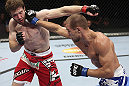 CALGARY, CANADA - JULY 21: (R-L) Anton Kuivanen lands a punch on Mitch Clarke during their lightweight bout at UFC 149 inside the Scotiabank Saddledome on July 21, 2012 in Calgary, Alberta, Canada.  (Photo by Nick Laham/Zuffa LLC/Zuffa LLC via Getty Images)