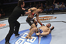 CALGARY, CANADA - JULY 21:  (L-R) Referee Mario Yamasaki pulls Antonio Carvalho off Daniel Pineda after a knockout punch during their featherweight bout at UFC 149 inside the Scotiabank Saddledome on July 21, 2012 in Calgary, Alberta, Canada.  (Photo by Nick Laham/Zuffa LLC/Zuffa LLC via Getty Images)