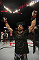 CALGARY, CANADA - JULY 21:  Antonio Carvalho celebrates after defeating Daniel Pineda by knockout during their featherweight bout at UFC 149 inside the Scotiabank Saddledome on July 21, 2012 in Calgary, Alberta, Canada.  (Photo by Nick Laham/Zuffa LLC/Zuffa LLC via Getty Images)