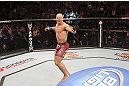 CALGARY, CANADA - JULY 21:  Ryan Jimmo celebrates after defeating Anthony Perosh by knockout in six seconds during round one of their light heavyweight bout at UFC 149 inside the Scotiabank Saddledome on July 21, 2012 in Calgary, Alberta, Canada.  (Photo by Nick Laham/Zuffa LLC/Zuffa LLC via Getty Images)