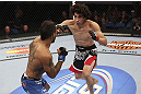 CALGARY, CANADA - JULY 21:  (R-L) Roland Delorme lunges at Francisco Rivera during their bantamweight bout at UFC 149 inside the Scotiabank Saddledome on July 21, 2012 in Calgary, Alberta, Canada.  (Photo by Nick Laham/Zuffa LLC/Zuffa LLC via Getty Images)