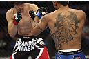 CALGARY, CANADA - JULY 21: (L-R) Roland Delorme looks to attack Francisco Rivera during their bantamweight bout at UFC 149 inside the Scotiabank Saddledome on July 21, 2012 in Calgary, Alberta, Canada.  (Photo by Nick Laham/Zuffa LLC/Zuffa LLC via Getty Images)