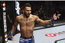 CALGARY, CANADA - JULY 21: Francisco Rivera celebrates after defeating Roland Delorme during their bantamweight bout at UFC 149 inside the Scotiabank Saddledome on July 21, 2012 in Calgary, Alberta, Canada.  (Photo by Nick Laham/Zuffa LLC/Zuffa LLC via Getty Images)
