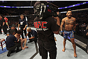 CALGARY, CANADA - JULY 21: (R-L) Francisco Rivera celebrates after defeating Roland Delorme during their bantamweight bout at UFC 149 inside the Scotiabank Saddledome on July 21, 2012 in Calgary, Alberta, Canada.  (Photo by Nick Laham/Zuffa LLC/Zuffa LLC via Getty Images)