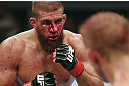 CALGARY, CANADA - JULY 21:  Court McGee stares down Nick Ring during their middleweight bout at UFC 149 inside the Scotiabank Saddledome on July 21, 2012 in Calgary, Alberta, Canada.  (Photo by Nick Laham/Zuffa LLC/Zuffa LLC via Getty Images)