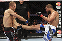 CALGARY, CANADA - JULY 21:  (L-R) Nick Ring blocks a kick from Court McGee during their middleweight bout at UFC 149 inside the Scotiabank Saddledome on July 21, 2012 in Calgary, Alberta, Canada.  (Photo by Nick Laham/Zuffa LLC/Zuffa LLC via Getty Images)