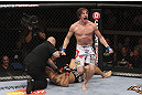 CALGARY, CANADA- JULY 21: Matthew Riddle celebrates after defeating Chris Clements during their welterweight bout at UFC 149 inside the Scotiabank Saddledome on July 21, 2012 in Calgary, Alberta, Canada.  (Photo by Nick Laham/Zuffa LLC/Zuffa LLC via Getty Images)