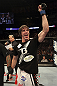 CALGARY, CANADA- JULY 21: Matthew Riddle celebrates after defeating Chris Clements during their welterweight bout at UFC 149 inside the Scotiabank Saddledome on July 21, 2012 in Calgary, Alberta, Canada.  (Photo by Nick Laham/Zuffa LLC/Zuffa LLC via Getty Images)