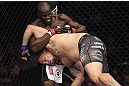 CALGARY, CANADA - JULY 21: (L-R) Cheick Kongo grabs the left arm of Shawn Jordan during their heavyweight bout at UFC 149 inside the Scotiabank Saddledome on July 21, 2012 in Calgary, Alberta, Canada.  (Photo by Nick Laham/Zuffa LLC/Zuffa LLC via Getty Images)