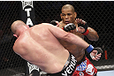 CALGARY, CANADA - JULY 21: (R-L) Hector Lombard throws a punch at Tim Boetsch during their middleweight bout at UFC 149 inside the Scotiabank Saddledome on July 21, 2012 in Calgary, Alberta, Canada.  (Photo by Nick Laham/Zuffa LLC/Zuffa LLC via Getty Images)