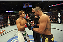CALGARY, CANADA - JULY 21: (L-R) Urijah Faber faces off against Renan Barao during their UFC interim bantamweight championship bout at UFC 149 inside the Scotiabank Saddledome on July 21, 2012 in Calgary, Alberta, Canada.  (Photo by Nick Laham/Zuffa LLC/Zuffa LLC via Getty Images)