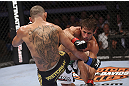 CALGARY, CANADA - JULY 21: (R-L)  Urijah Faber throws a punch at Renan Barao during their UFC interim bantamweight championship bout at UFC 149 inside the Scotiabank Saddledome on July 21, 2012 in Calgary, Alberta, Canada.  (Photo by Nick Laham/Zuffa LLC/Zuffa LLC via Getty Images)