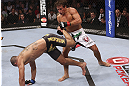CALGARY, CANADA - JULY 21: (R-L) Urijah Faber counters a kick from Renan Barao during their UFC interim bantamweight championship bout at UFC 149 inside the Scotiabank Saddledome on July 21, 2012 in Calgary, Alberta, Canada.  (Photo by Nick Laham/Zuffa LLC/Zuffa LLC via Getty Images)