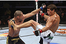 CALGARY, CANADA - JULY 21: (L-R) Renan Barao blocks a kick from Urijah Faber during their UFC interim bantamweight championship bout at UFC 149 inside the Scotiabank Saddledome on July 21, 2012 in Calgary, Alberta, Canada.  (Photo by Nick Laham/Zuffa LLC/Zuffa LLC via Getty Images)