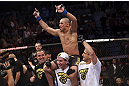 CALGARY, CANADA - JULY 21:  Renan Barao celebrates his victory over Urijah Faber after their UFC interim bantamweight championship bout at UFC 149 inside the Scotiabank Saddledome on July 21, 2012 in Calgary, Alberta, Canada.  (Photo by Nick Laham/Zuffa LLC/Zuffa LLC via Getty Images)