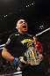 CALGARY, CANADA - JULY 21:  Renan Barao celebrates his victory over Urijah Faber during their UFC interim bantamweight championship bout at UFC 149 inside the Scotiabank Saddledome on July 21, 2012 in Calgary, Alberta, Canada.  (Photo by Nick Laham/Zuffa LLC/Zuffa LLC via Getty Images)