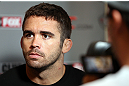 LOS ANGELES - AUGUST 01:  Jamie Varner answers questions from the media during the UFC on FOX open workouts at the J.W. Marriott on August 1, 2012 in Los Angeles, California. (Photo by Josh Hedges/Zuffa LLC/Zuffa LLC via Getty Images)