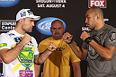 LOS ANGELES - AUGUST 02: (L-R) Opponents Mauricio ''Shogun'' Rua and Brandon Vera face off during the UFC on FOX press conference at the J.W. Marriott on August 2, 2012 in Los Angeles, California. (Photo by Josh Hedges/Zuffa LLC/Zuffa LLC via Getty Images)