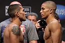 LOS ANGELES - AUGUST 03: (L-R) Opponents Ulysses Gomez and John Moraga face off during the UFC on FOX weigh in at Staples Center on August 3, 2012 in Los Angeles, California. (Photo by Josh Hedges/Zuffa LLC/Zuffa LLC via Getty Images)