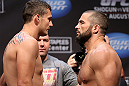 LOS ANGELES - AUGUST 03: (L-R) Phil De Fries and Oli Thompson face off during the UFC on FOX weigh in at Staples Center on August 3, 2012 in Los Angeles, California. (Photo by Josh Hedges/Zuffa LLC/Zuffa LLC via Getty Images)