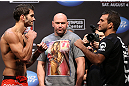 LOS ANGELES - AUGUST 03: (L-R) Opponents Josh Grispi and Rany Yahya face offduring the UFC on FOX weigh in at Staples Center on August 3, 2012 in Los Angeles, California. (Photo by Josh Hedges/Zuffa LLC/Zuffa LLC via Getty Images)