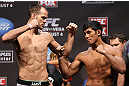 LOS ANGELES - AUGUST 03: (L-R) Opponents Cole Miller and Nam Phan face off during the UFC on FOX weigh in at Staples Center on August 3, 2012 in Los Angeles, California. (Photo by Josh Hedges/Zuffa LLC/Zuffa LLC via Getty Images)