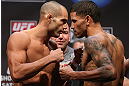 LOS ANGELES - AUGUST 03: (L-R) Opponents Mike Swick and DaMarques Johnson face off during the UFC on FOX weigh in at Staples Center on August 3, 2012 in Los Angeles, California. (Photo by Josh Hedges/Zuffa LLC/Zuffa LLC via Getty Images)