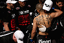 LOS ANGELES, CA - AUGUST 04:  John Moraga hugs his team before taking on Ulysses Gomez in their flyweight bout during the UFC on FOX event at Staples Center on August 4, 2012 in Los Angeles, California.  (Photo by Josh Hedges/Zuffa LLC via Getty Images)