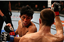 LOS ANGELES, CA - AUGUST 04:  Nam Phan (L) exchange strikes with Cole Miller in their featherweight bout during UFC on FOX at Staples Center on August 4, 2012 in Los Angeles, California.  (Photo by Josh Hedges/Zuffa LLC via Getty Images)