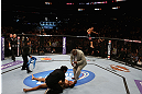 LOS ANGELES, CA - AUGUST 04:  Mike Swick celebrates as Damarques Johnson lies in the cage after being knocked out in the second round during the UFC on FOX at Staples Center on August 4, 2012 in Los Angeles, California.  (Photo by Josh Hedges/Zuffa LLC via Getty Images)