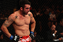 LOS ANGELES, CA - AUGUST 04:  Jamie Varner takes a breath in his lightweight bout against Jamie Varner during the UFC on FOX at Staples Center on August 4, 2012 in Los Angeles, California. Lauzon won by way of submission by triangle choke.  (Photo by Josh Hedges/Zuffa LLC via Getty Images)